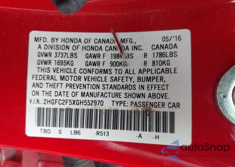 2016 Honda Civic Lx z USA, uszkodzony, nr VIN 2HGFC2F5XGH552970
